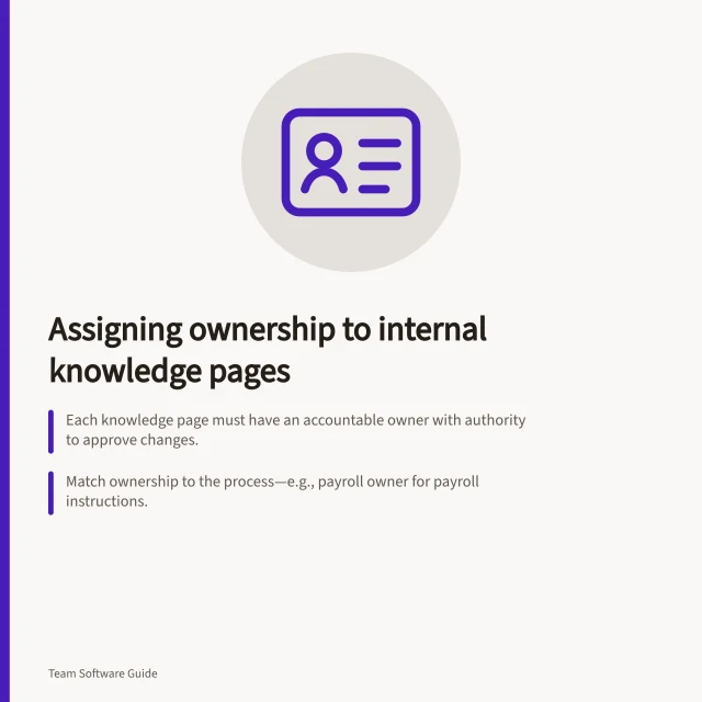 Assigning ownership to internal knowledge pages: Each knowledge page must have an accountable owner with authority to approve changes.; Match ownership to the process—e.g., payroll owner for payroll instructions.; Use clear roles: editor, approver, expert, and owner; separate editing from approval. Assigning ownership to an internal knowledge page