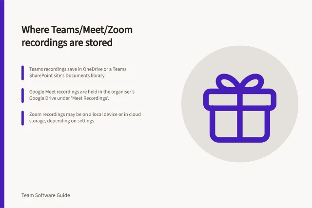 Where Teams/Meet/Zoom recordings are stored: Teams recordings save in OneDrive or a Teams SharePoint site's Documents library.; Google Meet recordings are held in the organiser’s Google Drive under 'Meet Recordings'.; Zoom recordings may be on a local device or in cloud storage, depending on settings. Checking where Teams/Meet/Zoom meeting recordings are stored