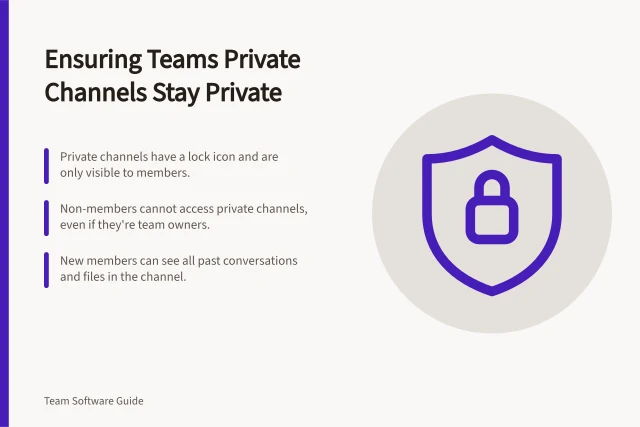 Ensuring Teams Private Channels Stay Private: Private channels have a lock icon and are only visible to members.; Non-members cannot access private channels, even if they're team owners.; New members can see all past conversations and files in the channel. Checking whether private spaces remain private in Teams