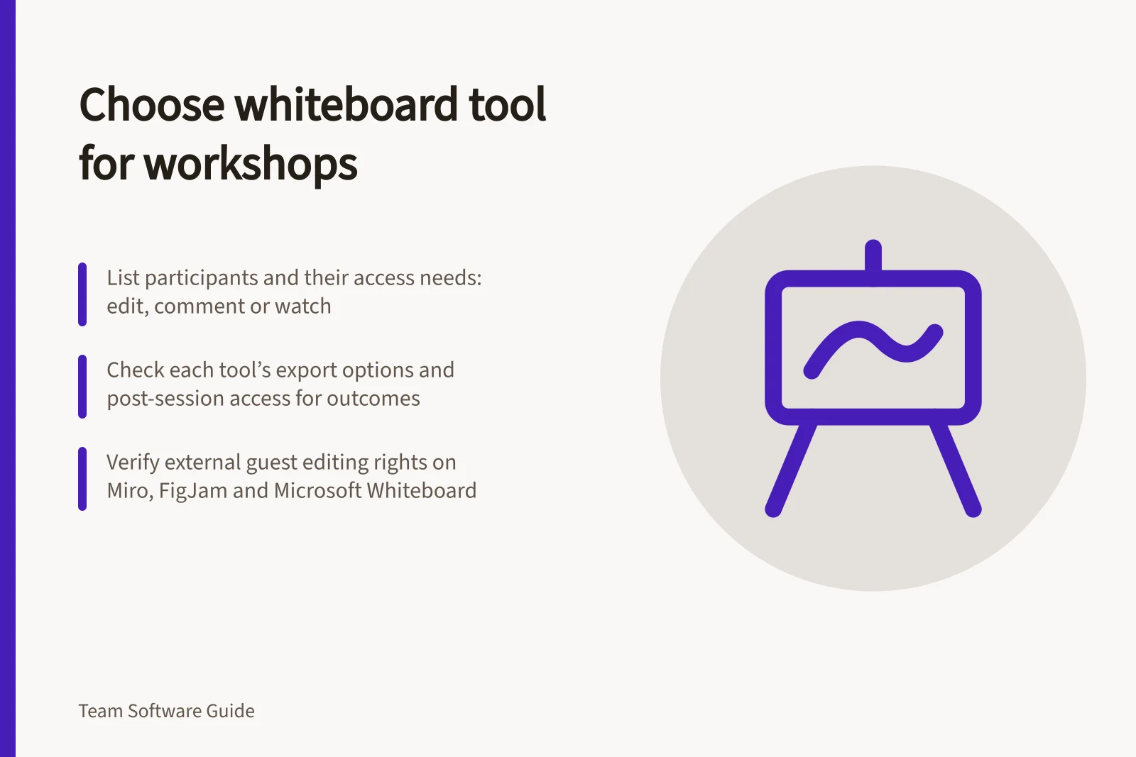 Choose whiteboard tool for workshops: List participants and their access needs: edit, comment or watch; Check each tool’s export options and post-session access for outcomes; Verify external guest editing rights on Miro, FigJam and Microsoft Whiteboard