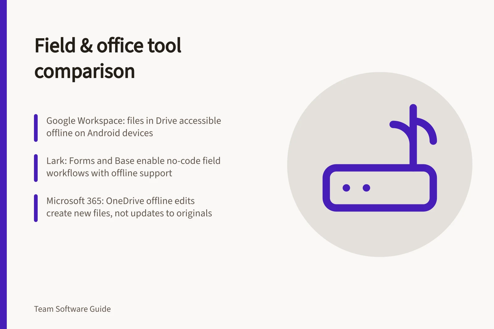 Field & office tool comparison: Google Workspace: files in Drive accessible offline on Android devices; Lark: Forms and Base enable no-code field workflows with offline support; Microsoft 365: OneDrive offline edits create new files, not updates to originals