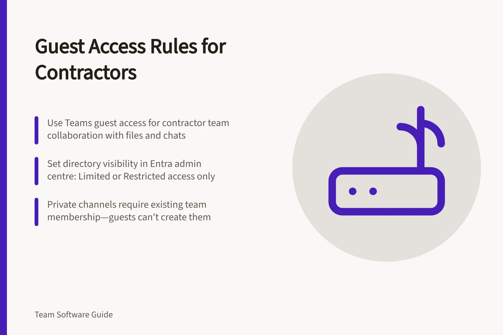 Guest Access Rules for Contractors: Use Teams guest access for contractor team collaboration with files and chats; Set directory visibility in Entra admin centre: Limited or Restricted access only; Private channels require existing team membership—guests can't create them