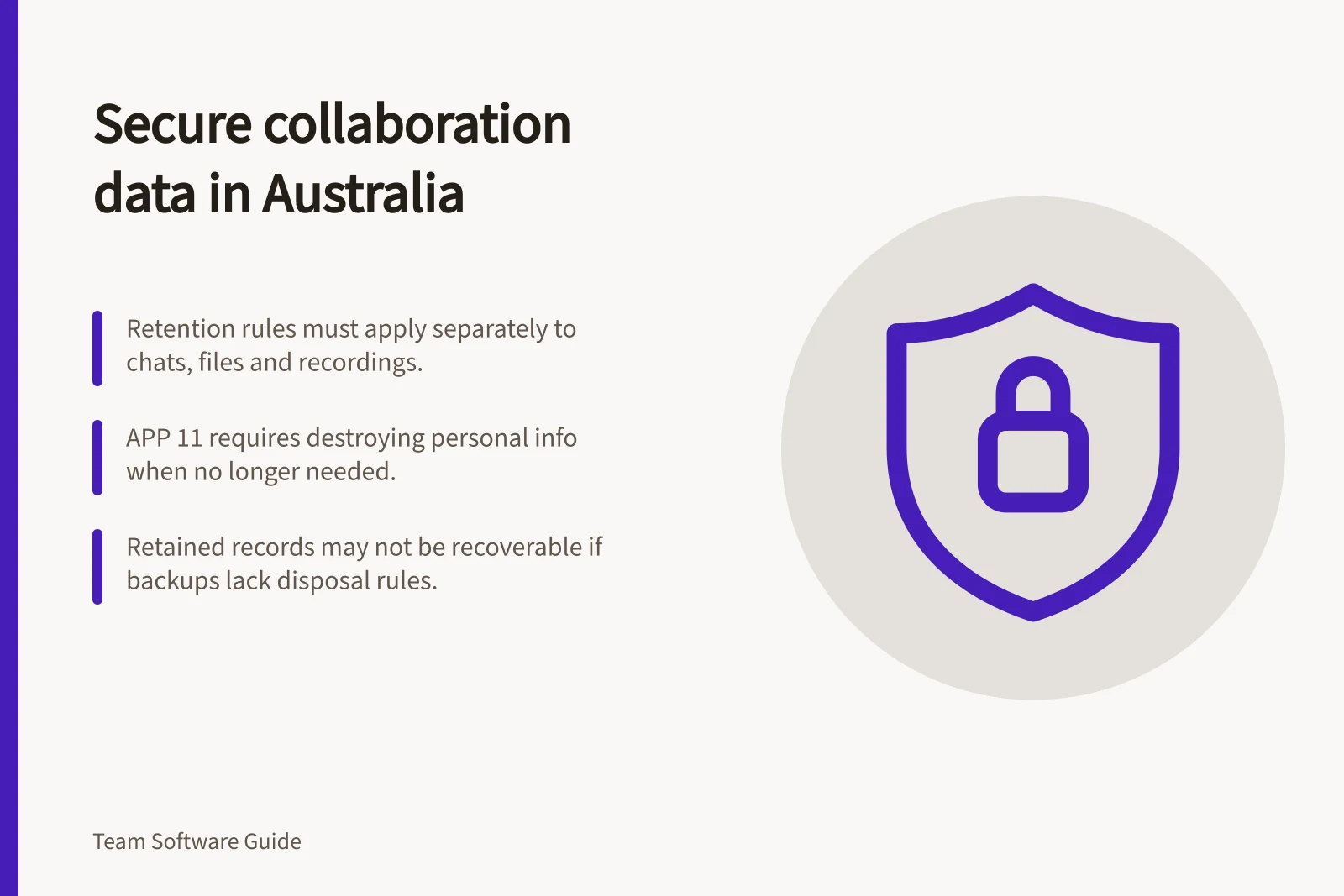 Secure collaboration data in Australia: Retention rules must apply separately to chats, files and recordings.; APP 11 requires destroying personal info when no longer needed.; Retained records may not be recoverable if backups lack disposal rules.