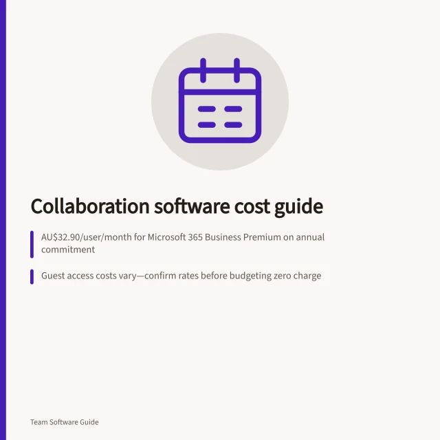 Collaboration software cost guide: AU$32.90/user/month for Microsoft 365 Business Premium on annual commitment; Guest access costs vary—confirm rates before budgeting zero charge; Storage limits differ by plan; check Zoom’s 10–15 GB per user recording allowance. Collaboration software costs