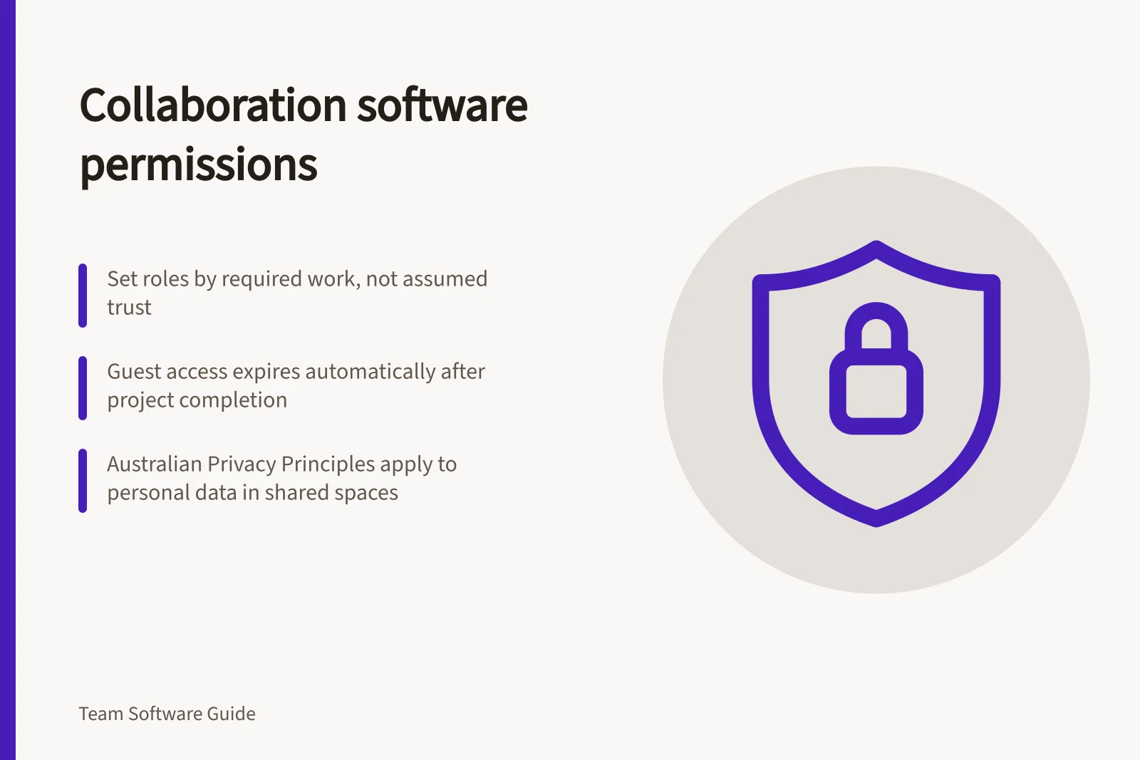 Collaboration software permissions: Set roles by required work, not assumed trust; Guest access expires automatically after project completion; Australian Privacy Principles apply to personal data in shared spaces