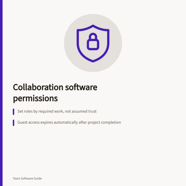Collaboration software permissions: Set roles by required work, not assumed trust; Guest access expires automatically after project completion; Australian Privacy Principles apply to personal data in shared spaces. Collaboration software permissions