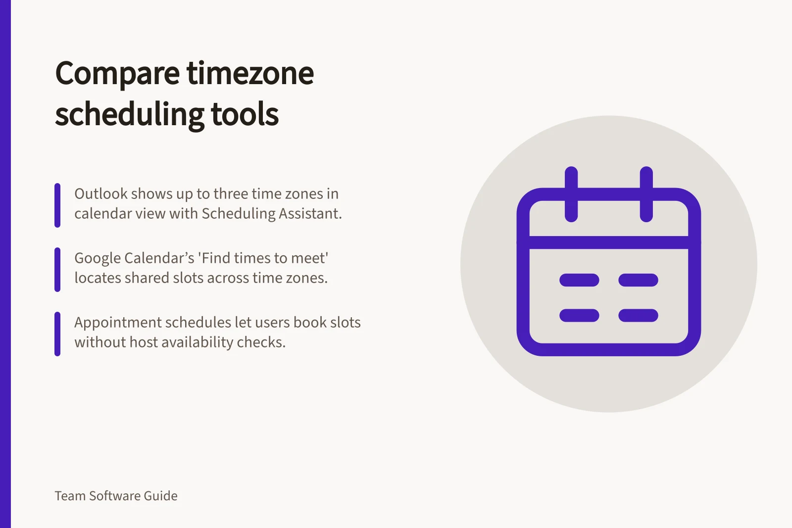 Compare timezone scheduling tools: Outlook shows up to three time zones in calendar view with Scheduling Assistant.; Google Calendar’s 'Find times to meet' locates shared slots across time zones.; Appointment schedules let users book slots without host availability checks.