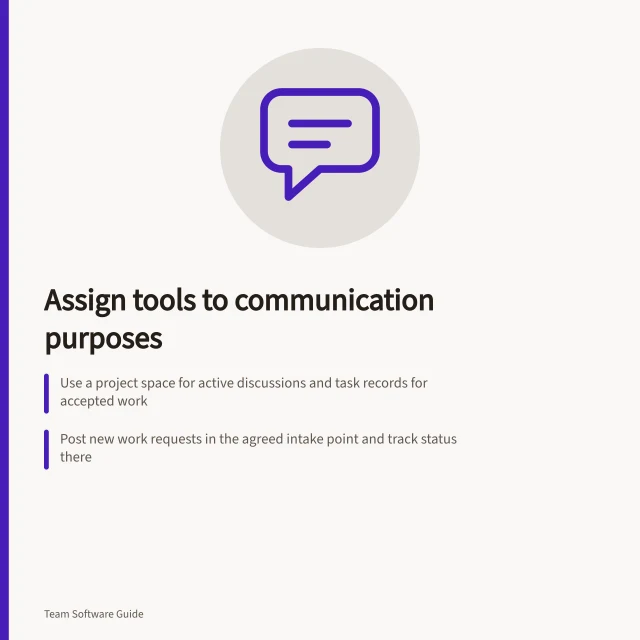 Assign tools to communication purposes: Use a project space for active discussions and task records for accepted work; Post new work requests in the agreed intake point and track status there; State who can use exceptions and where authorised outcomes must go afterwards. Deciding which tool owns each communication purpose
