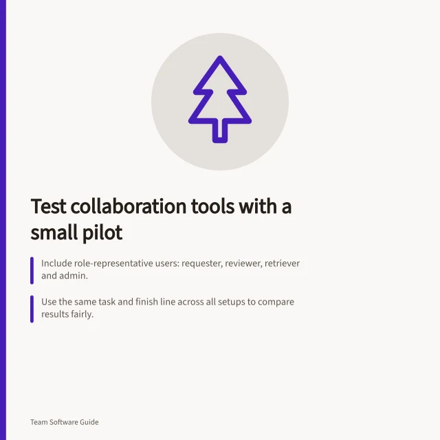 Test collaboration tools with a small pilot: Include role-representative users: requester, reviewer, retriever and admin.; Use the same task and finish line across all setups to compare results fairly.; Check permissions, plan limits and access settings before deciding on rollout. Evaluating collaboration software with a small pilot group
