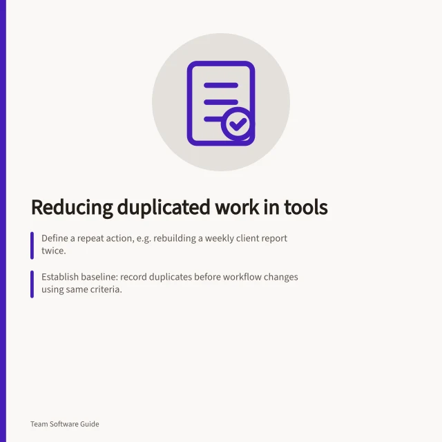Reducing duplicated work in tools: Define a repeat action, e.g. rebuilding a weekly client report twice.; Establish baseline: record duplicates before workflow changes using same criteria.; Compare post-change data with same unit and rules; check for alternative explanations. Measuring whether a collaboration tool reduces duplicated work