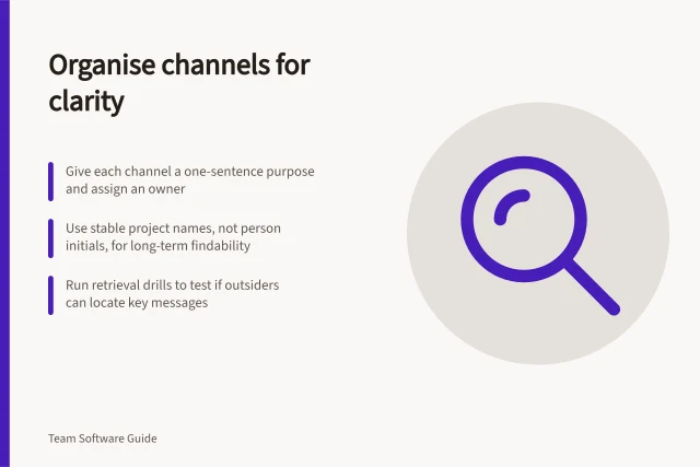 Organise channels for clarity: Give each channel a one-sentence purpose and assign an owner; Use stable project names, not person initials, for long-term findability; Run retrieval drills to test if outsiders can locate key messages. Organising channels so important messages can be found