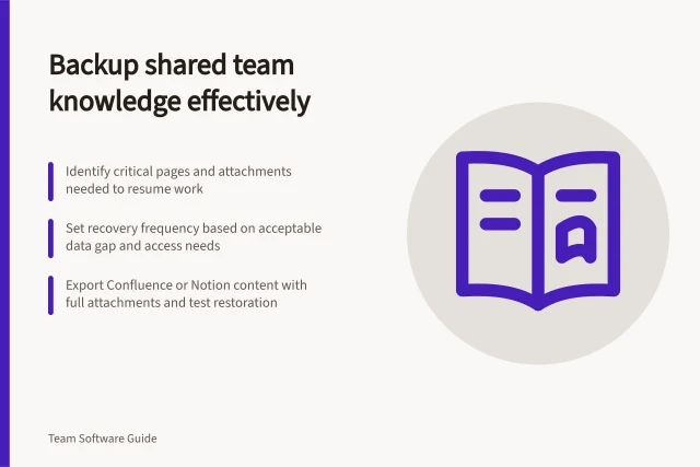 Backup shared team knowledge effectively: Identify critical pages and attachments needed to resume work; Set recovery frequency based on acceptable data gap and access needs; Export Confluence or Notion content with full attachments and test restoration. Planning backups for shared team knowledge