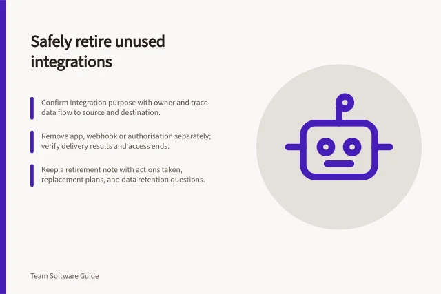 Safely retire unused integrations: Confirm integration purpose with owner and trace data flow to source and destination.; Remove app, webhook or authorisation separately; verify delivery results and access ends.; Keep a retirement note with actions taken, replacement plans, and data retention questions. Removing integrations that no longer serve a team safely