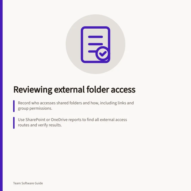 Reviewing external folder access: Record who accesses shared folders and how, including links and group permissions.; Use SharePoint or OneDrive reports to find all external access routes and verify results.; Test changes with a safe account to confirm old access is cut and work continues. Reviewing external access to shared team folders