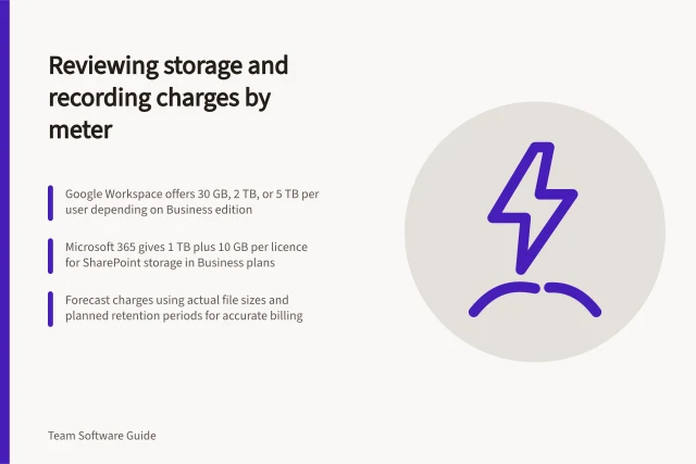 Reviewing storage and recording charges by meter: Google Workspace offers 30 GB, 2 TB, or 5 TB per user depending on Business edition; Microsoft 365 gives 1 TB plus 10 GB per licence for SharePoint storage in Business plans; Forecast charges using actual file sizes and planned retention periods for accurate billing. Reviewing storage and recording charges by meter