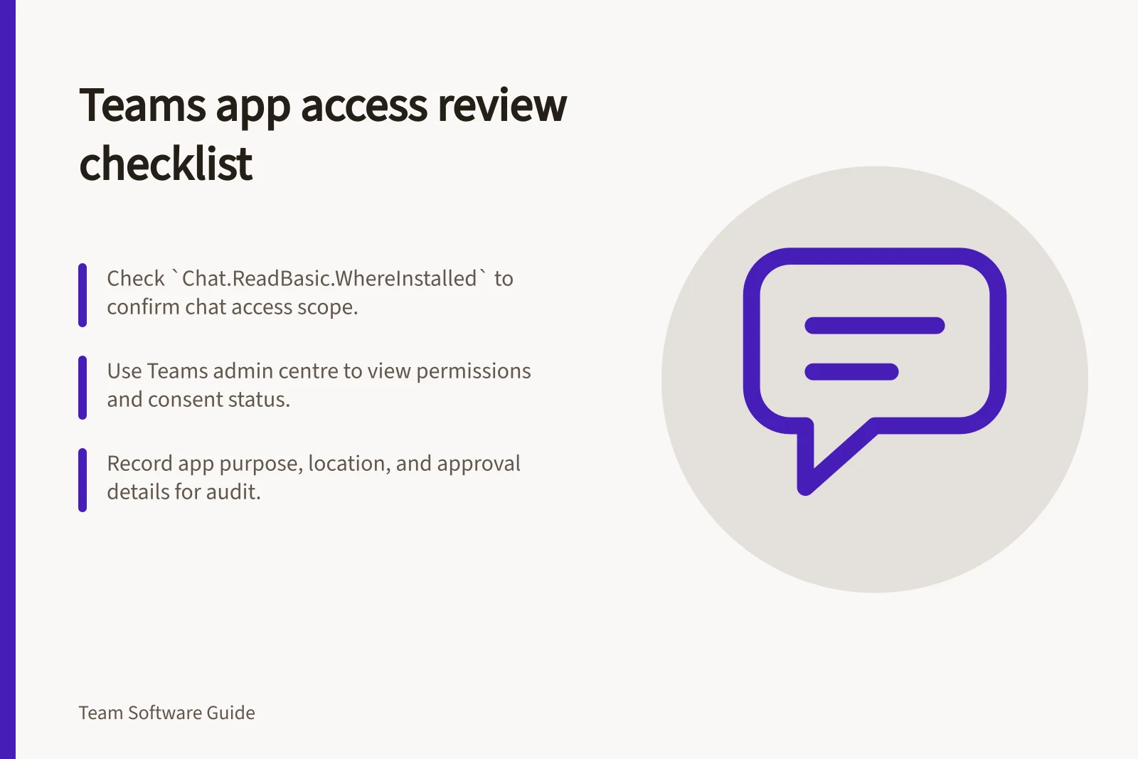 Teams app access review checklist: Check `Chat.ReadBasic.WhereInstalled` to confirm chat access scope.; Use Teams admin centre to view permissions and consent status.; Record app purpose, location, and approval details for audit.