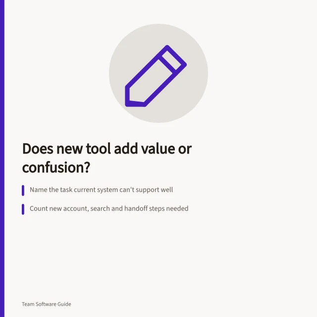 Does new tool add value or confusion?: Name the task current system can't support well; Count new account, search and handoff steps needed; Approve only if job, ownership and handoffs are clear. Reviewing whether a new tool would add more confusion than value